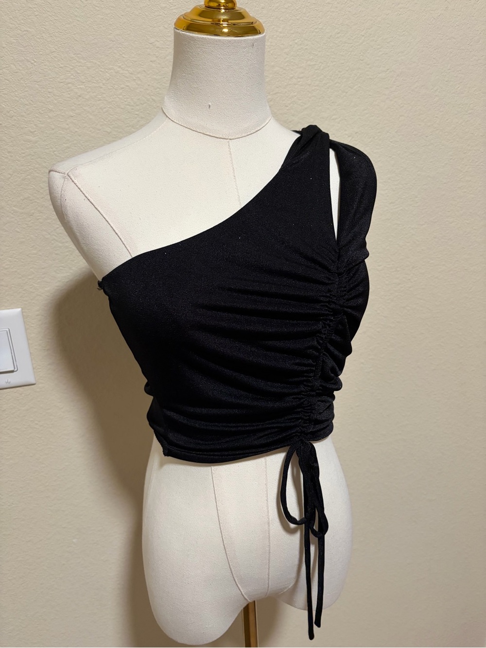 Black One-Shoulder Ruched Tie-Front Crop Top